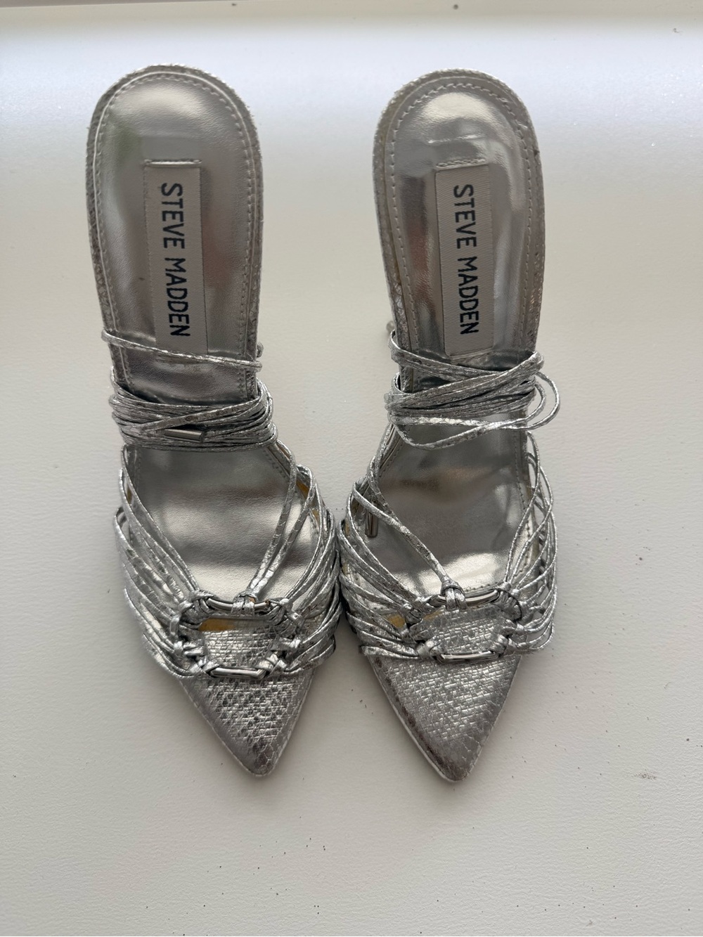 Steve Madden Zaya Metallic Silver Strappy Pointed Stiletto Heels - Picture 5 of 7